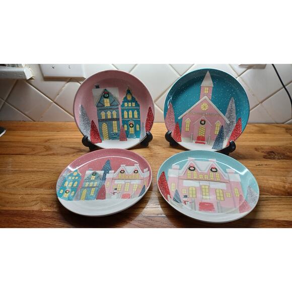 4 Pier 1 Salad Plates 8” Winter Christmas House Church Scenes‎ Snowy Trees - Picture 1 of 11